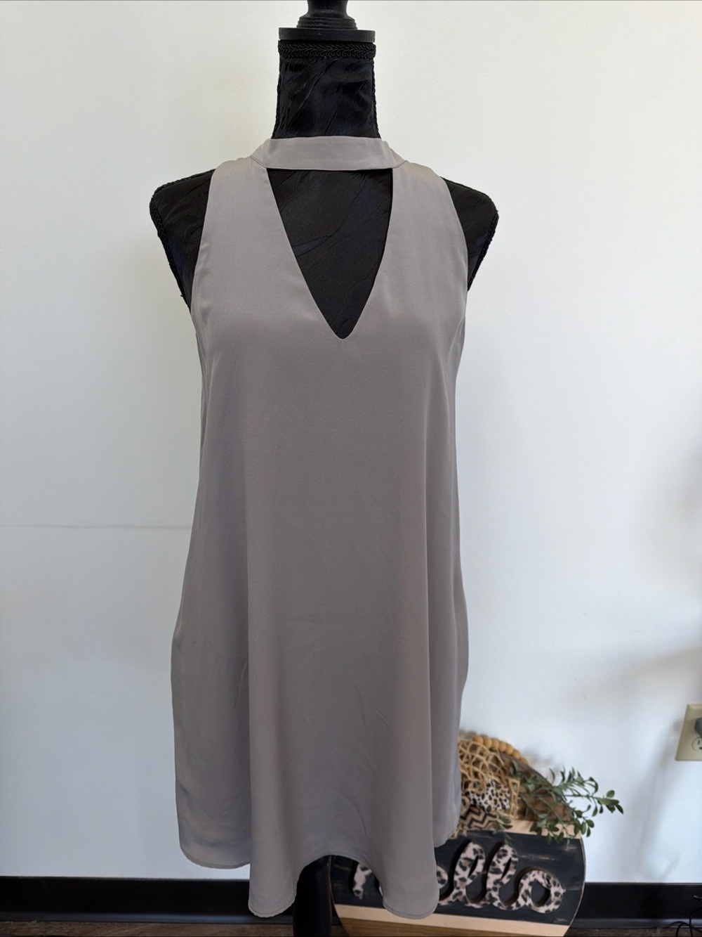 Lavender Brown Taupe Choker V-Neck Sleeveless Mini Dress